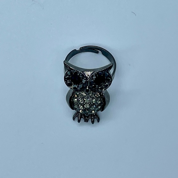 Vintage Adjustable faux diamond & Black Gemstone cute flashy owl ring - Picture 2 of 5